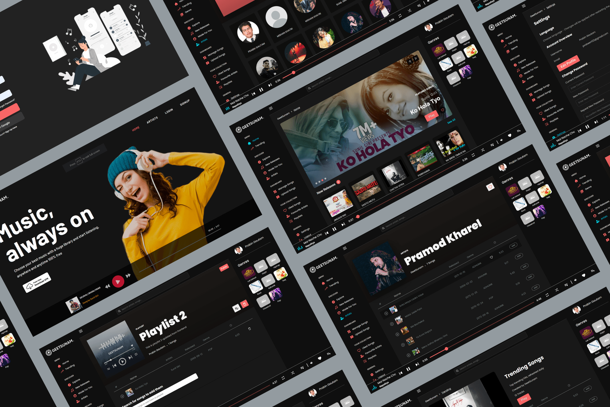 GeetSunam – ML-based Music Streaming Platform preview - Developed a bilingual (English/Nepali) music streaming platform using the MERN stack. Implemented ma