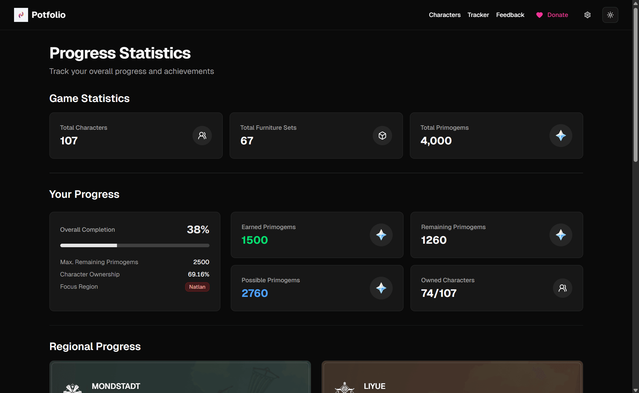 Potfolio - Genshin Impact preview - Web app for tracking furnishing progress and character sets in Genshin Impact's Serenitea Pot system